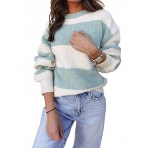 NEW COZY CO. long sleeve striped sweater in sage/ cream
